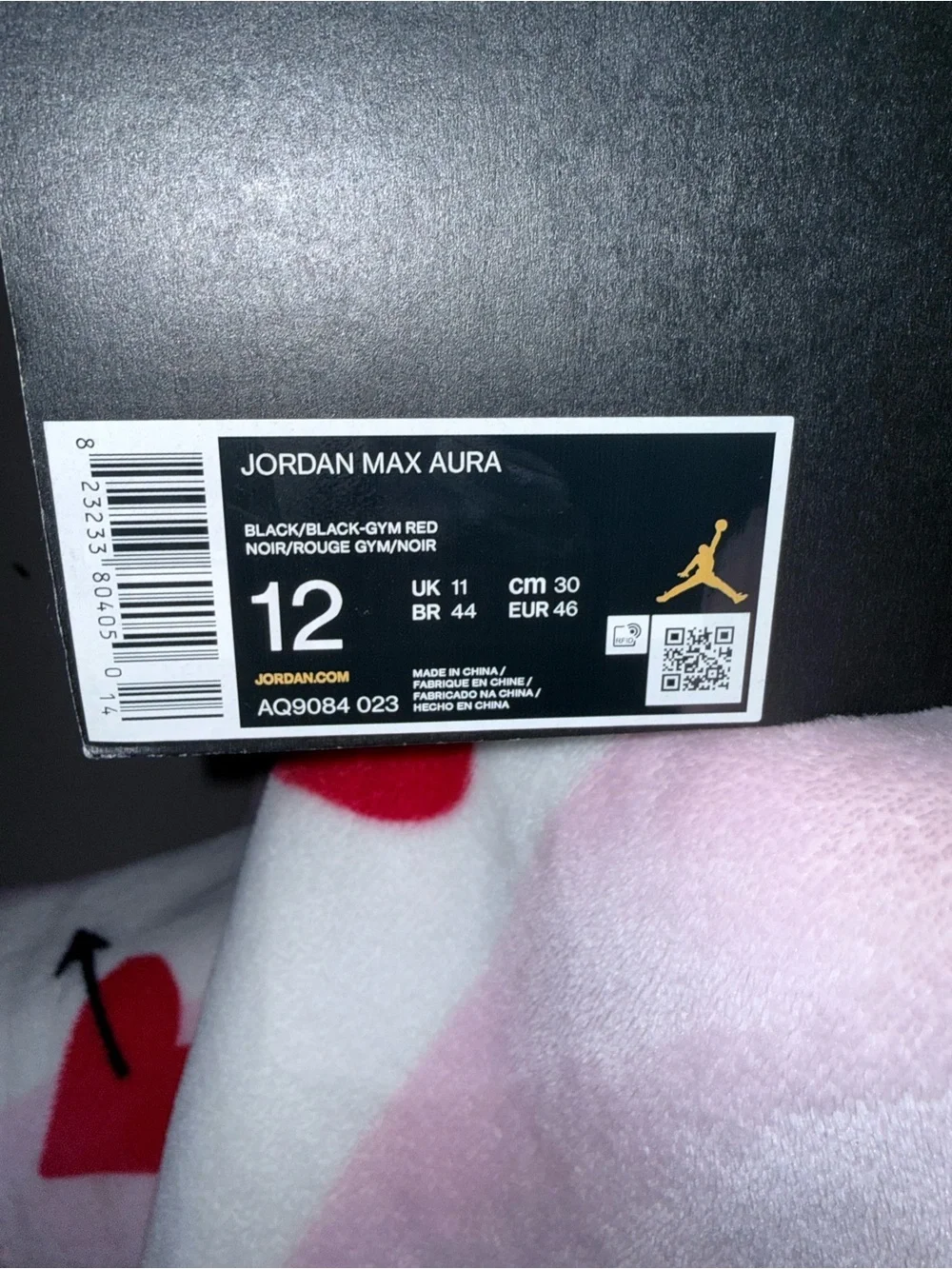 New in Box Jordan Max Aura Black and Gym Red Sneakers, Size 12